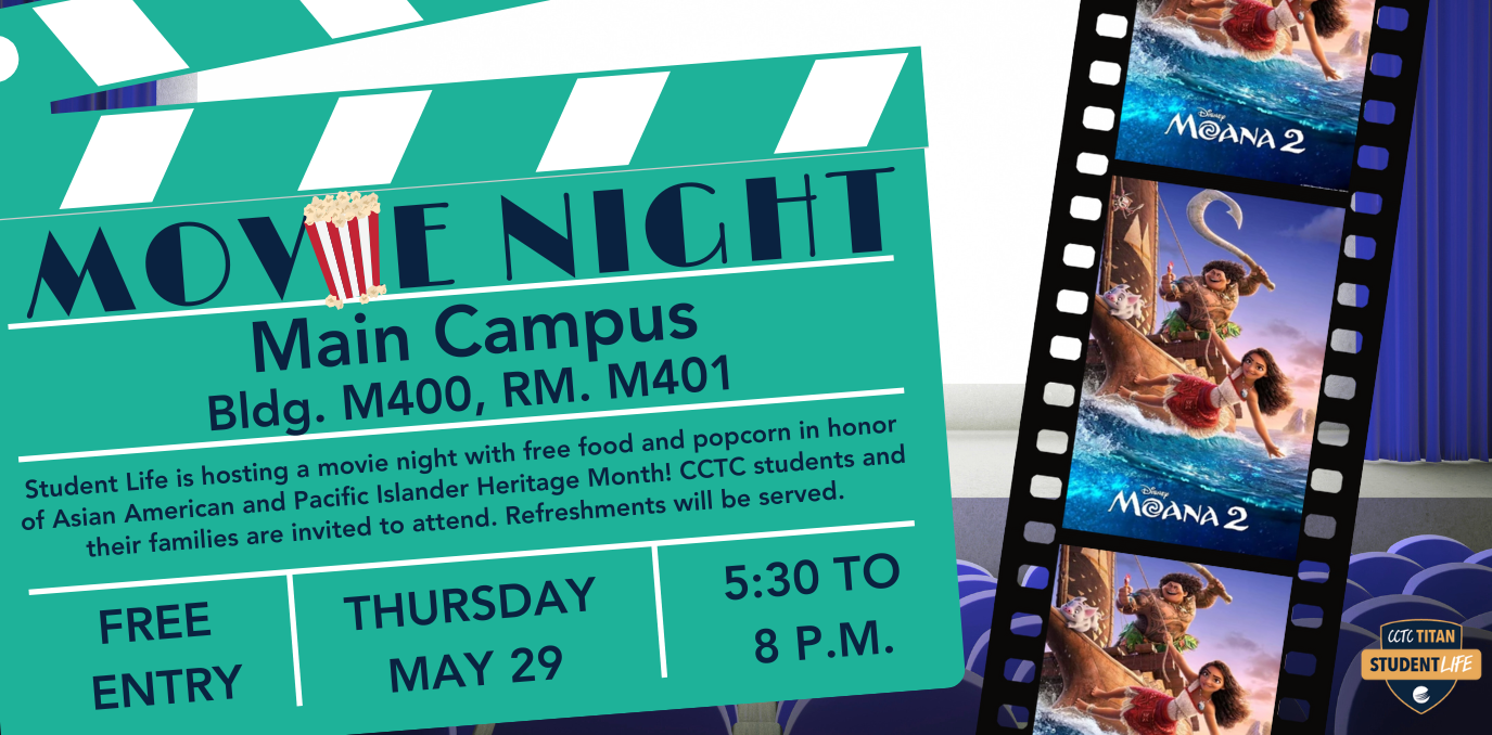 Fun graphic with event details, movie clapper, and film reel strip with image of Moana 2 in it.