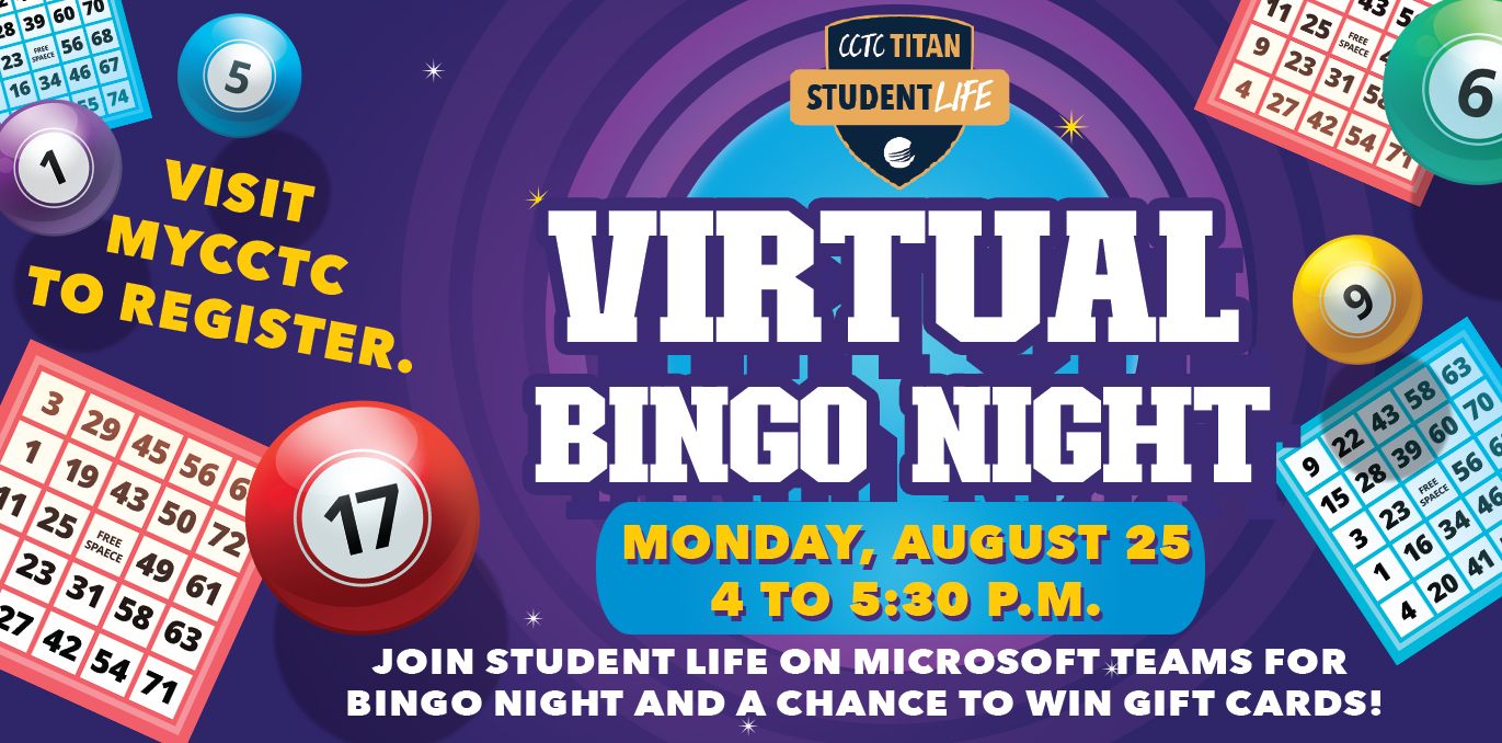 Event details with fun bingo themed banckground and clip art and the student life logo.