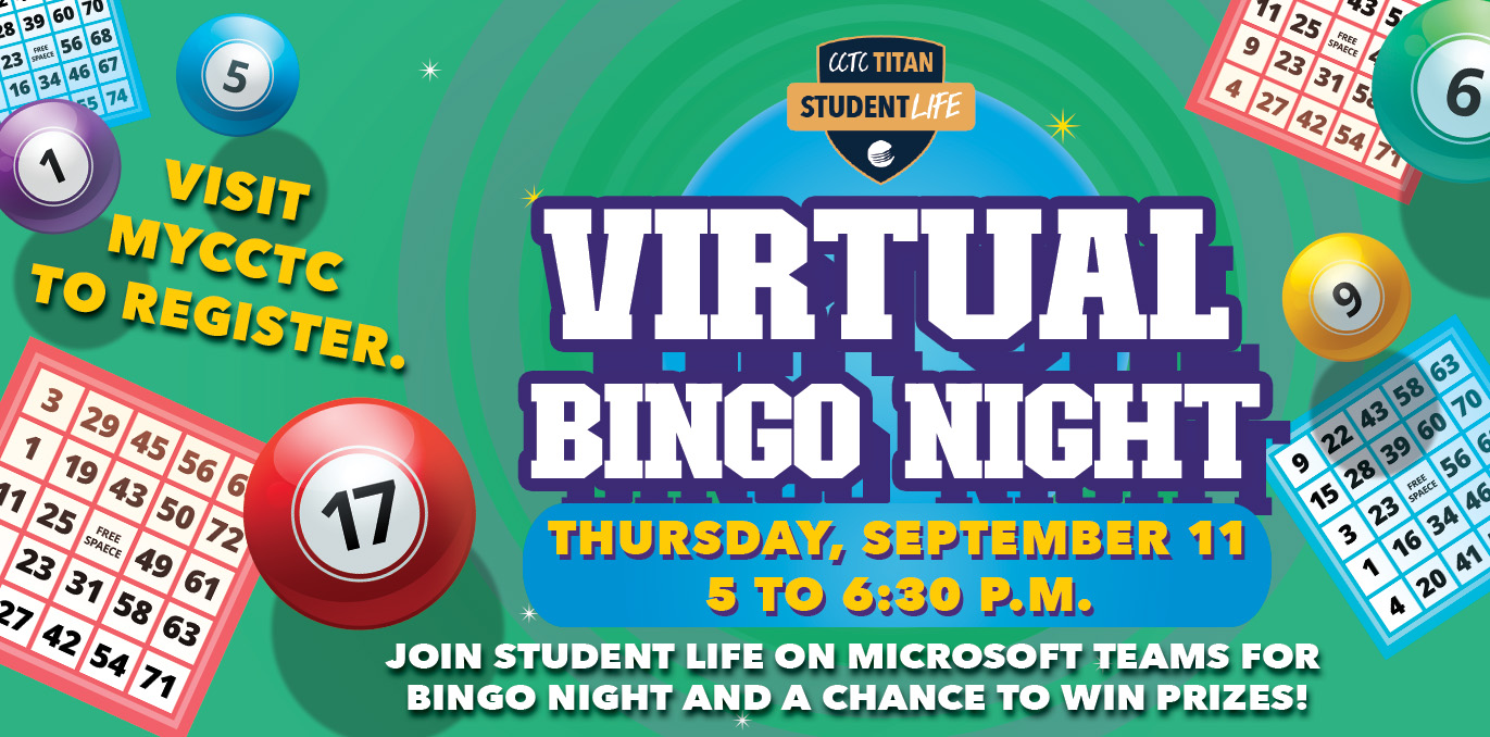 Event details with fun bingo clipart and student life shield logo.
