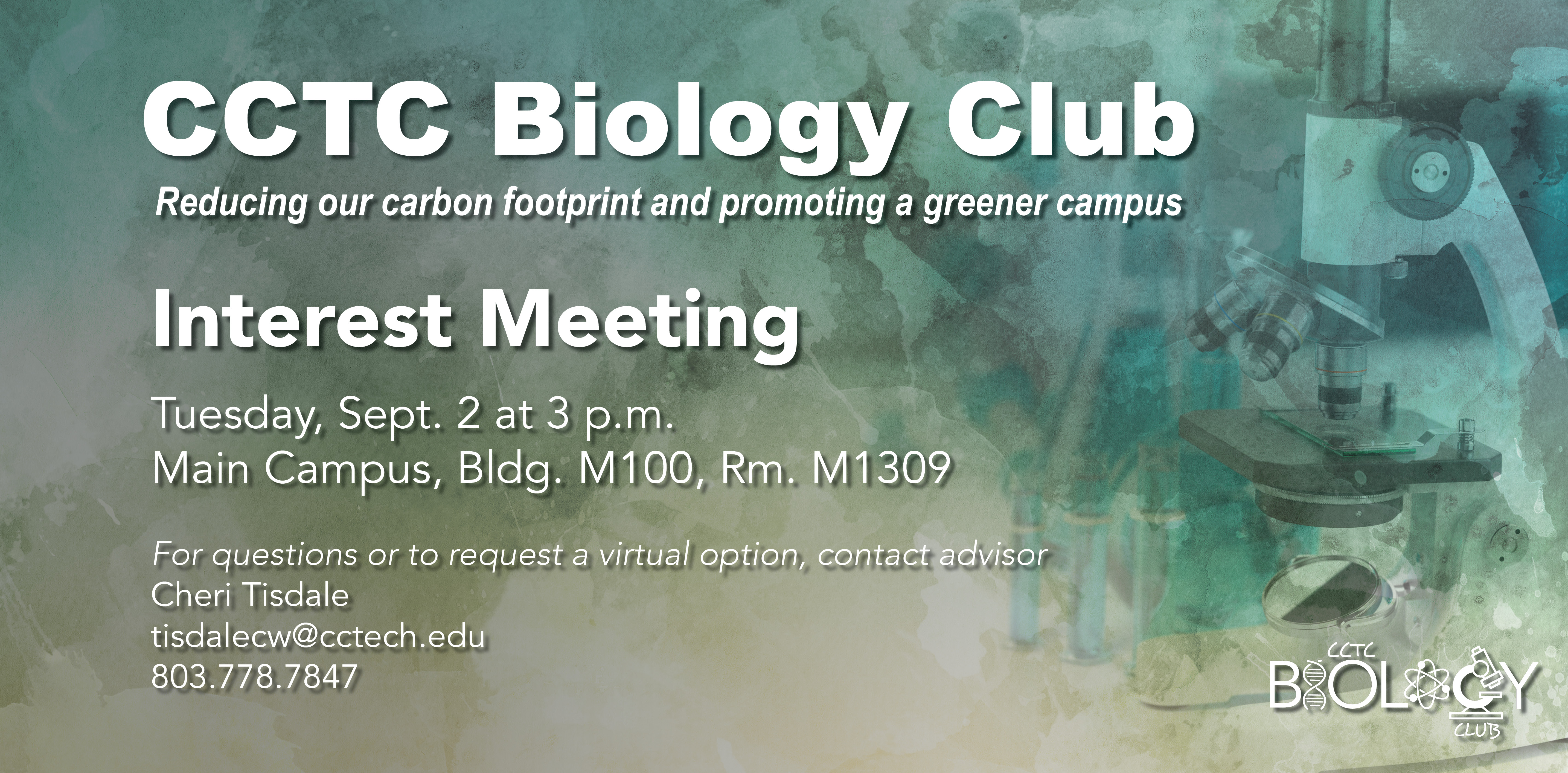 Event details with fun science themed background.