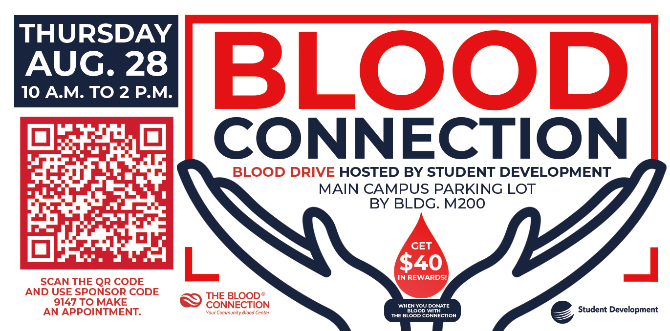 Event details with open hands graphic at the bottom and the Blood Connection logo in bottom left corner and student development logo in bottom right corner.
