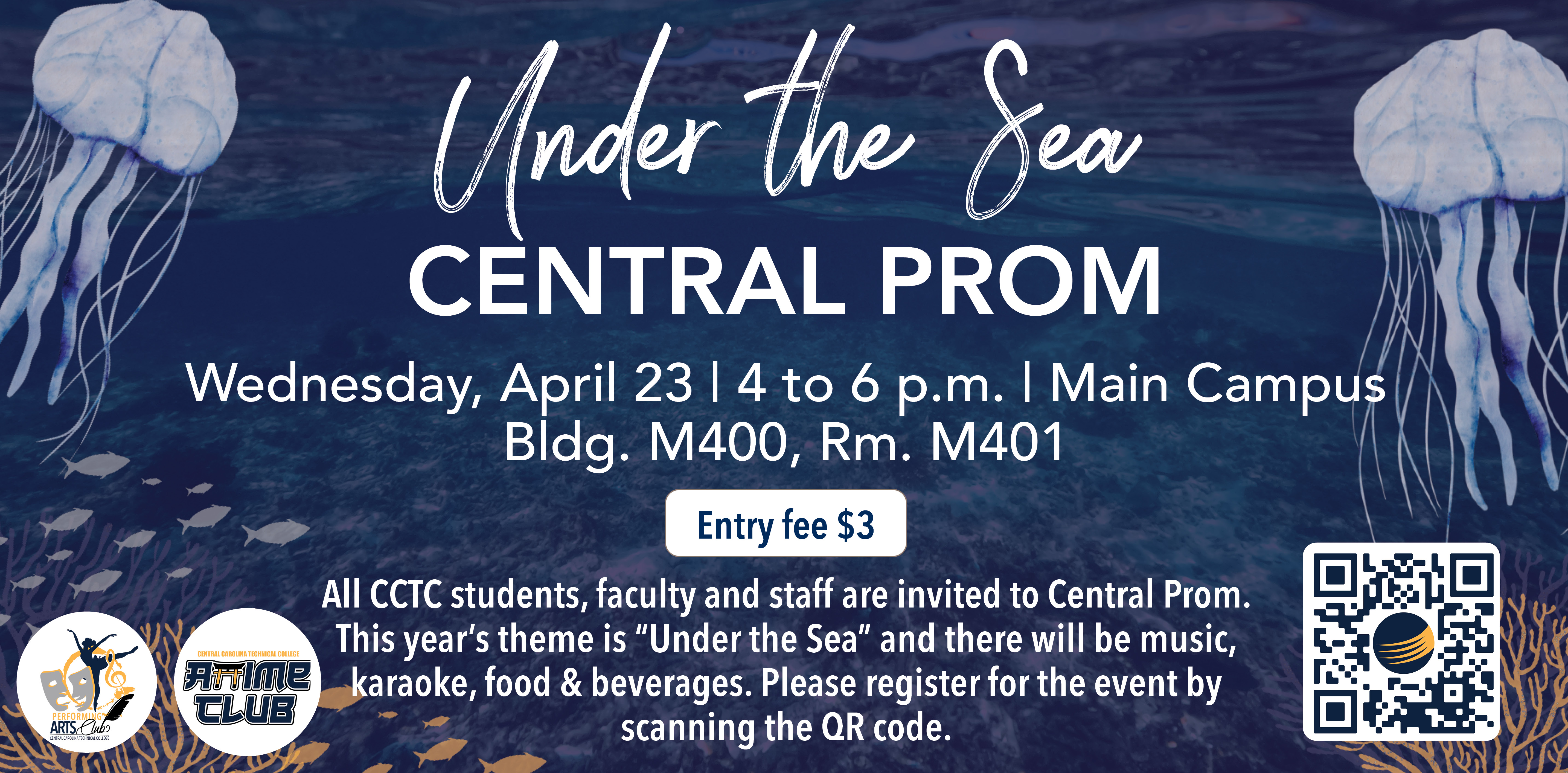 Event details with jellyfish and fish swimming and QR code for registering.