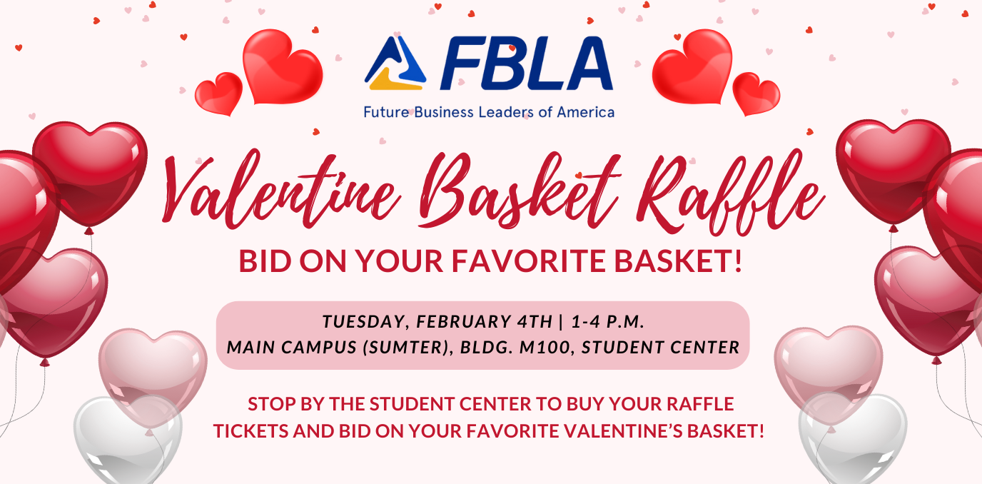 FBLA graphic with event information and heart balloons.