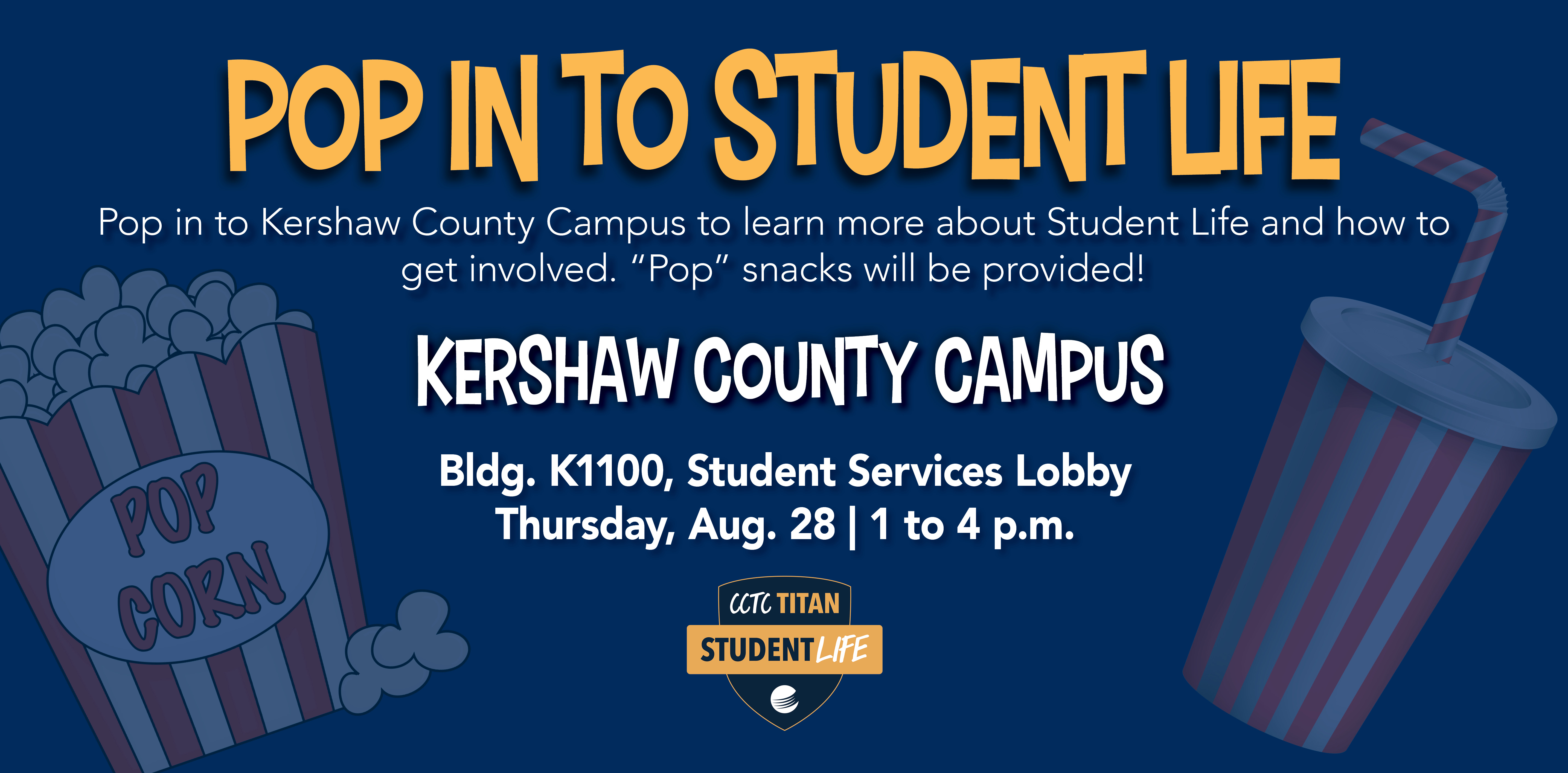 Event details with Student Life shield and fun popcorn clipart.
