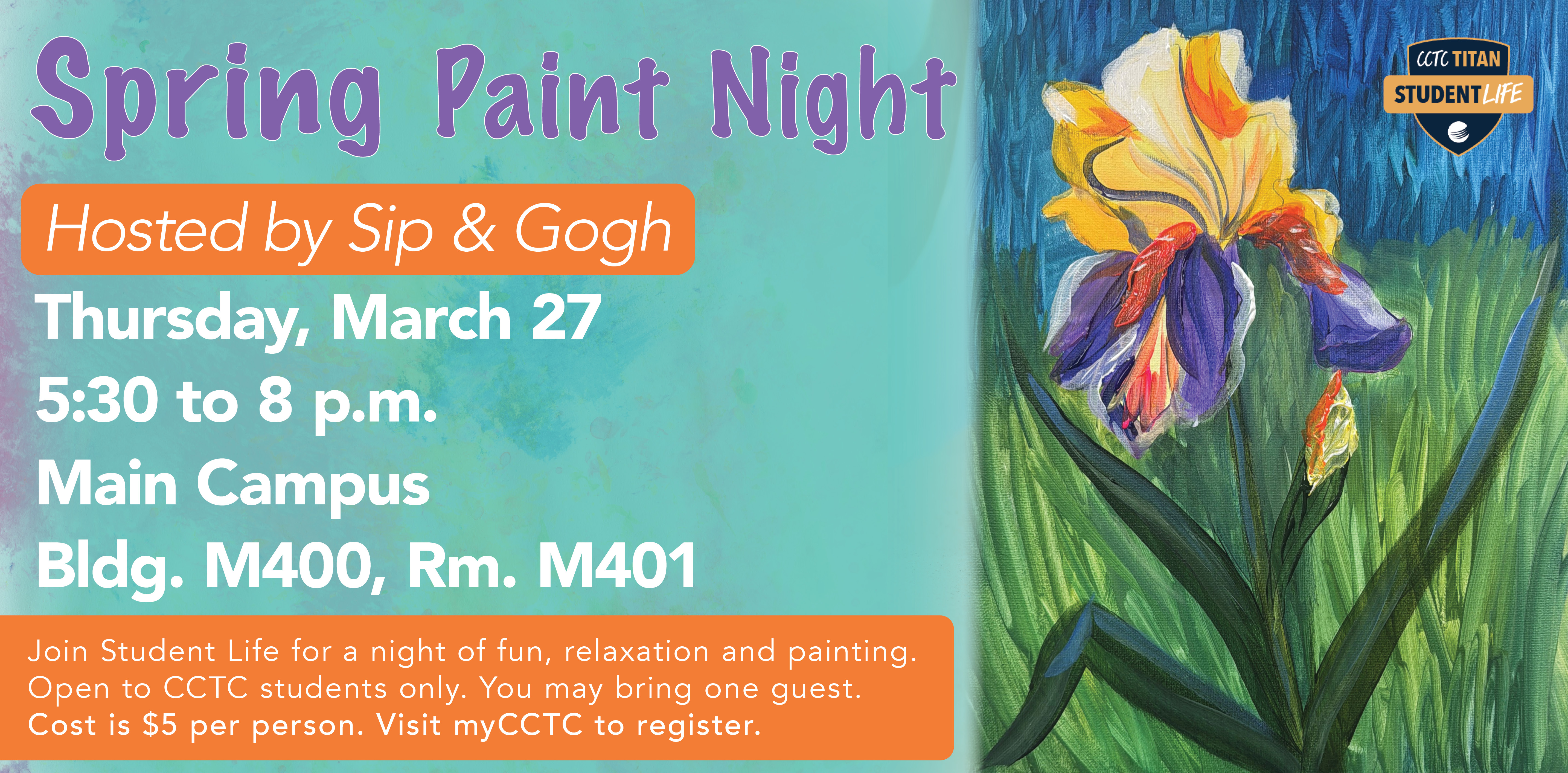Event details with image of a spring daffodil, the painting that will be completed.