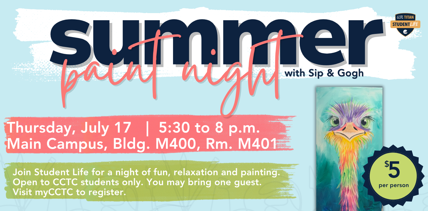 Event details with fun summer theme and picture of a colorful ostrich that will be the paint subject.