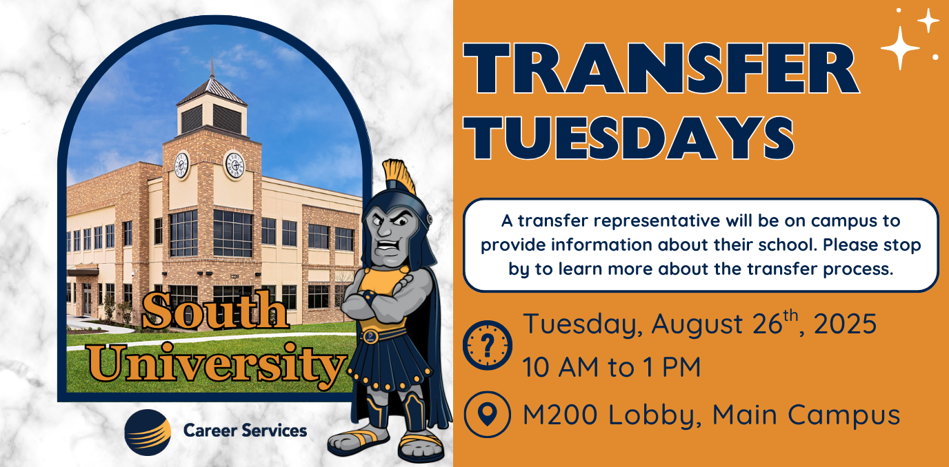 Event details with a photograph of South University and an image of the CCTC titan logo and career services logo.